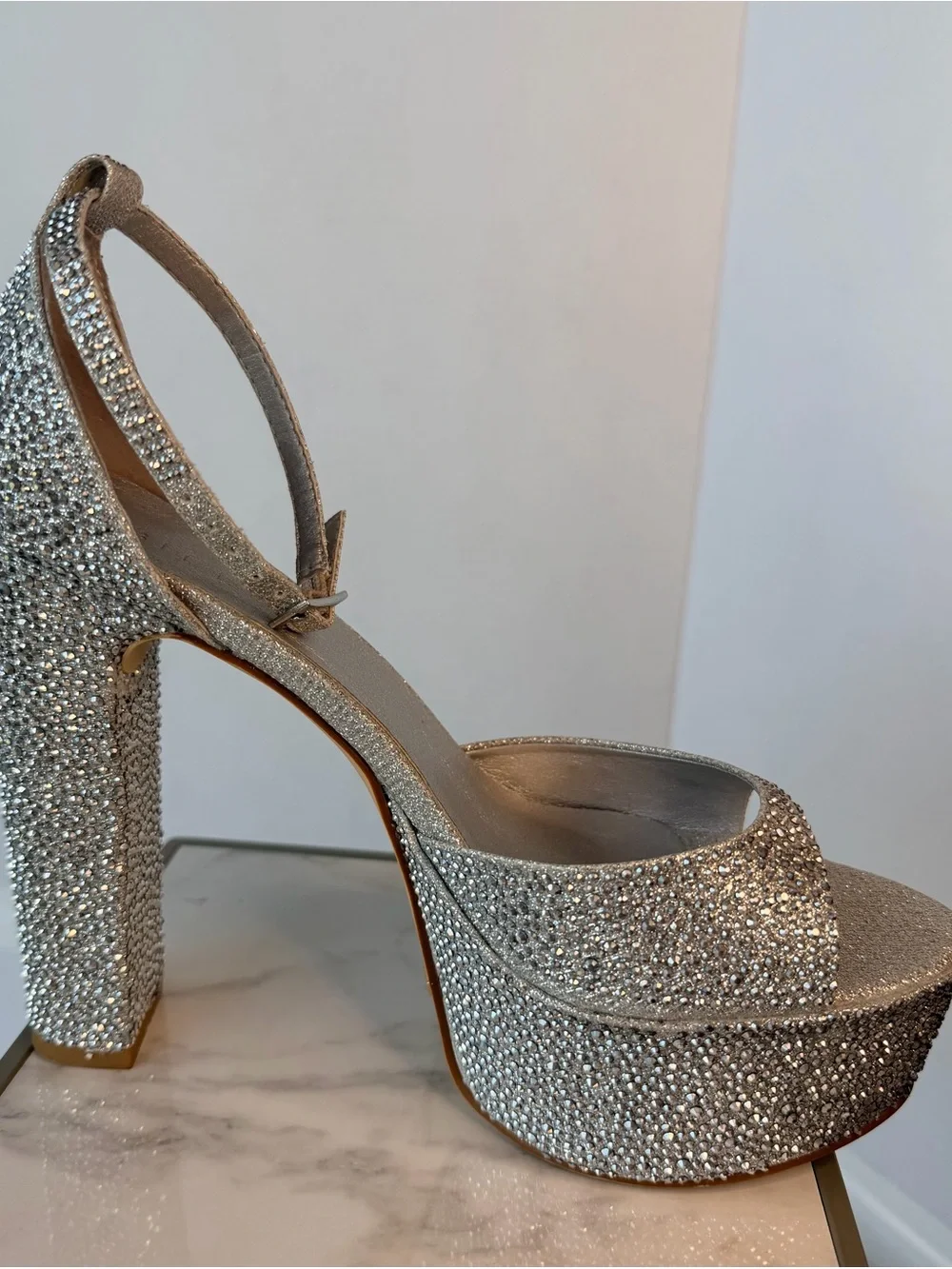 Silver Crystal Platform Block Heel Sandals
